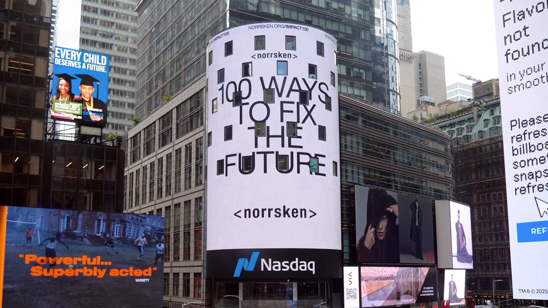 Noon Energy and Charm Industrial featured in 2025 Norrsken Impact/100 on the Nasdaq Tower in Times Square.