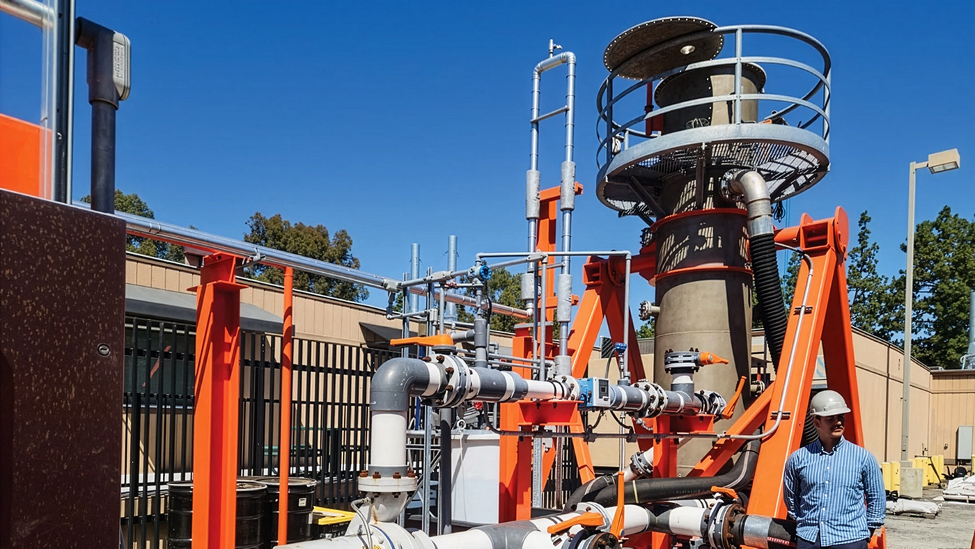 A Calcarea scientist works on the company’s carbon capture system for container ships in the Port of Los Angeles.